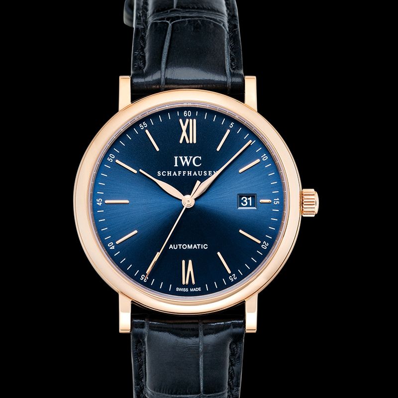 IWC Portofino Automatic Blue Dial Black Leather Strap Watch for Men