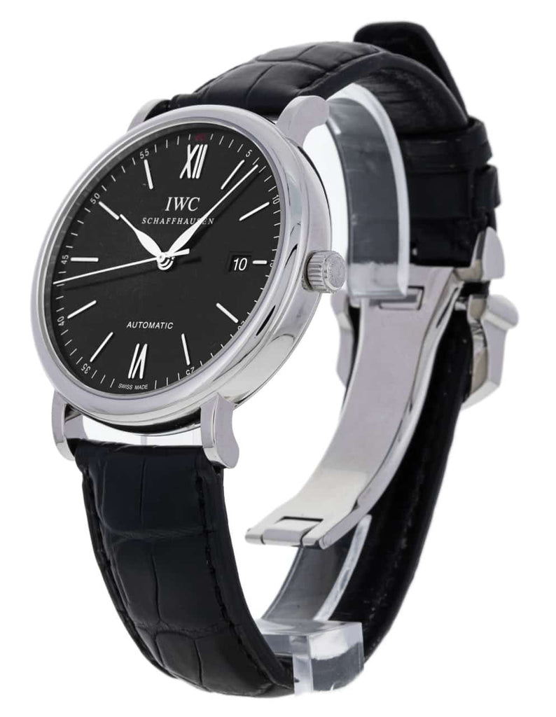 IWC Portofino Automatic Black Dial Black Leather Strap Watch for Men