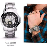 Fossil Grant Skeleton Black Dial Silver Steel Strap Watch for Men - ME3055