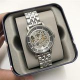 Fossil Boyfriend Automatic Skeleton Silver Dial Silver Steel Strap Watch for Women - ME3067