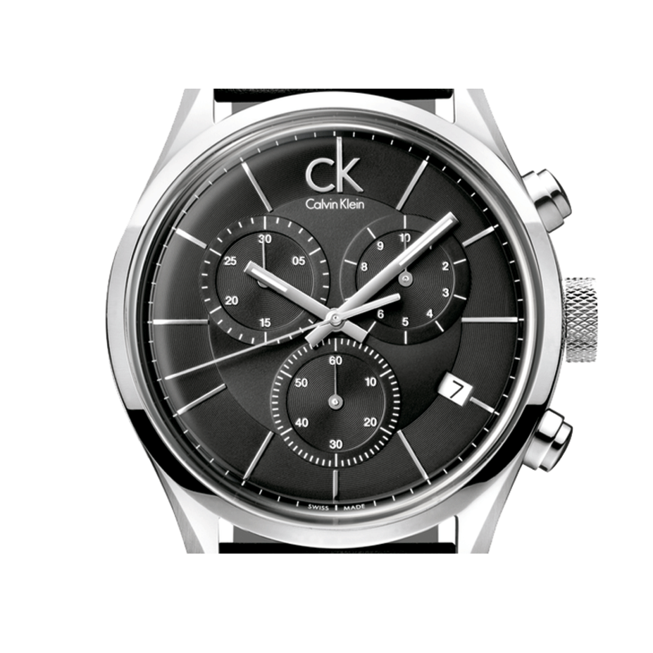 Calvin Klein for Masculine Leather Black Chronograph Black Dial Watch Men Strap