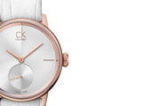 Calvin Klein Accent Silver Dial White Leather Strap Watch for Women - K2Y216K6