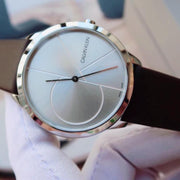 Calvin Klein Minimal Silver Dial Brown Leather Strap Watch for Men - K3M211G6