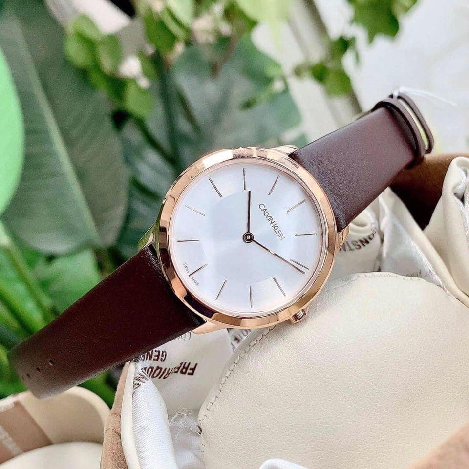 Calvin Klein Minimal White Dial Brown Leather Strap Watch for Women