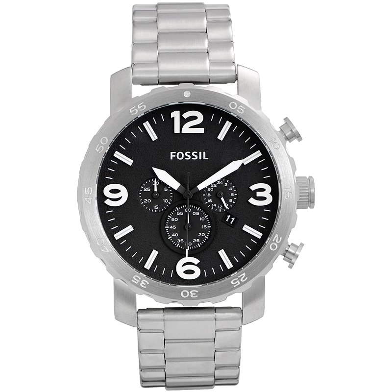 Fossil Nate Chronograph Black Dial Silver Steel Strap Watch for Men