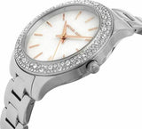 Michael Kors Liliane Three Hand Mother of Pearl White Dial Silver Steel Strap Watch For Women - MK4556