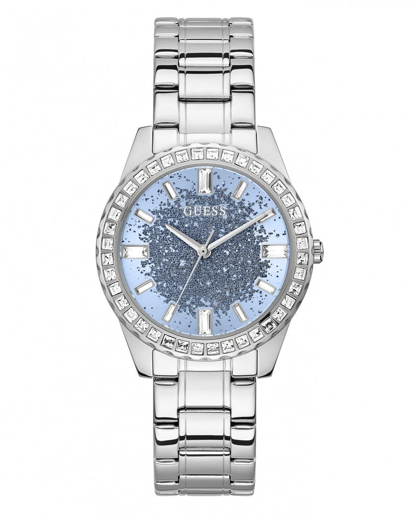 Guess Glitter Burst Diamonds Blue Dial Silver Steel Strap Watch