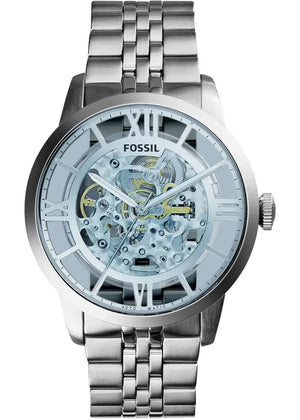 Fossil Townsman Automatic Skeleton Blue Dial Silver Steel Strap Watch for Men - ME3073