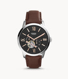 Fossil Townsman Automatic Black Dial Brown Leather Strap Watch for Men