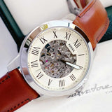 Fossil Grant Automatic Beige Skeleton Dial Brown Leather Strap Watch for Men - ME3099