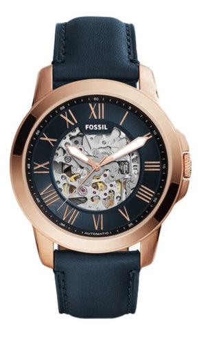 Fossil Grant Automatic Skeleton Navy Blue Dial Navy Blue Leather Strap Watch for Men - ME3102