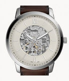 Fossil Neutra Automatic Skeleton White Dial Brown Leather Strap Watch for Men - ME3184