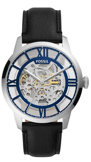 Fossil Townsman Automatic Skeleton Blue Dial Black Leather Strap Watch for Men - ME3200