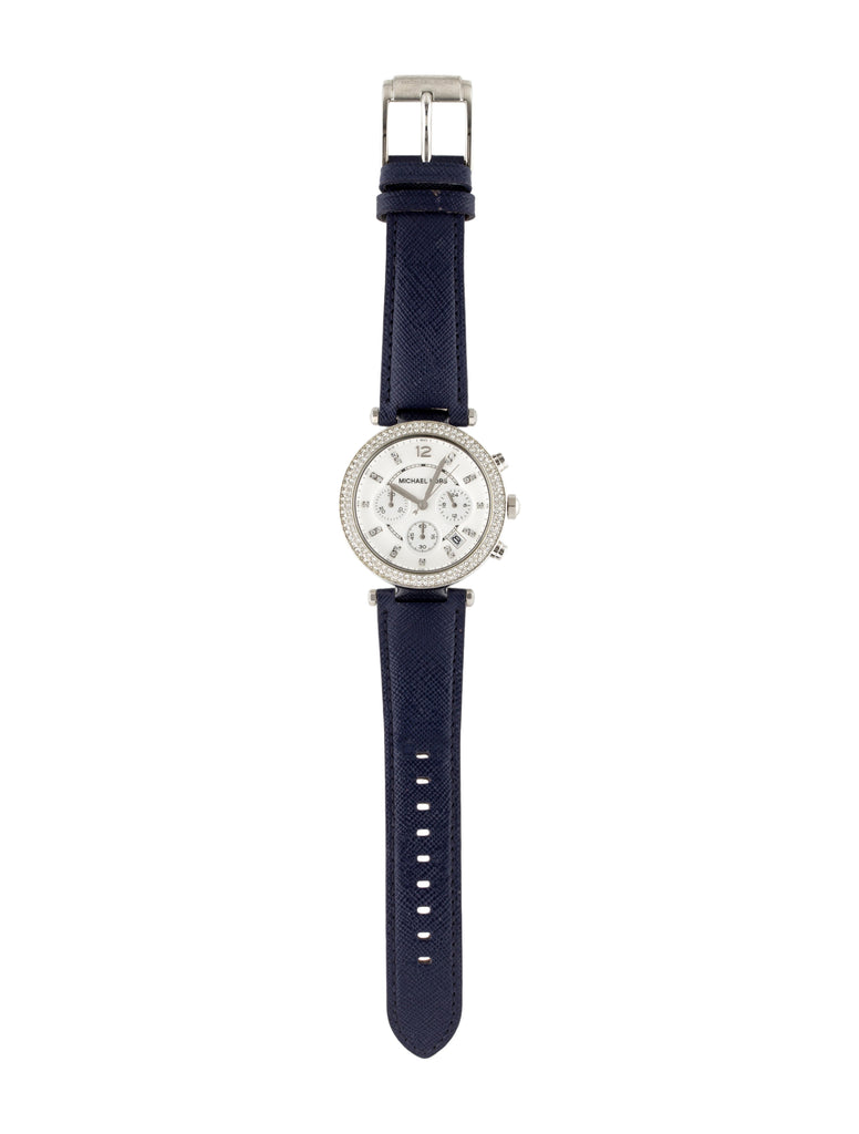 Michael Kors Parker White Dial Navy Blue Leather Strap Watch for Women
