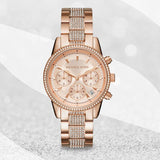 Michael Kors Ritz Chronograph Rose Gold Dial Rose Gold Steel Strap Watch For Women - MK6485