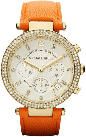 Michael Kors Parker Champagne Dial Orange Leather Strap Watch for Women - MK2279