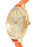 Michael Kors Runway Quartz Gold Dial Orange Leather Strap Watch For Women - MK2275