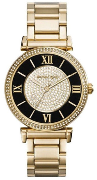 Michael Kors Catlin Black Dial Gold Steel Strap Watch for Women