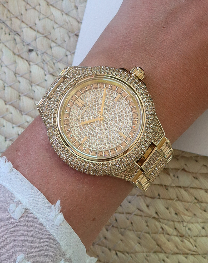 Michael Kors Watch With Diamonds Around It Michael Kors Camille Diamonds Gold Dial Gold Steel Strap Watch for Women