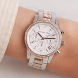 Michael Kors Ritz Chronograph White Dial Two Tone Steel Strap Watch For Women - MK6651