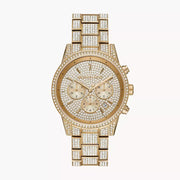 Michael Kors Ritz Three-Hand Glitz Crystals Gold Dial Gold Steel Strap Watch for Women - MK6747