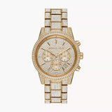 Michael Kors Ritz Three-Hand Glitz Crystals Gold Dial Gold Steel Strap Watch for Women - MK6747