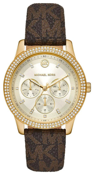 Michael Kors Tibby Multifunction Gold Dial Brown Leather Strap Watch For Women - MK6966