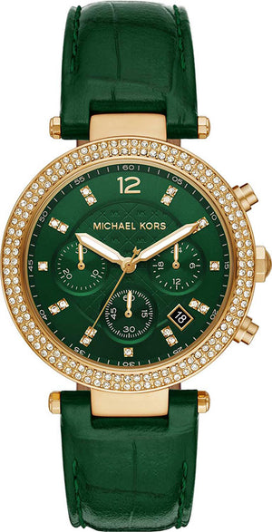 Michael Kors Parker Chronograph Green Dial Green Leather Strap Watch For Women - MK6985