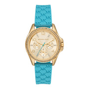 Michael Kors Mini Pilot Quartz Gold Dial Blue Silicone Strap Watch For Women - MK7374