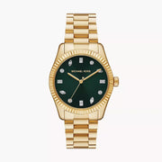 Michael Kors Lexington Three Hand Green Dial Gold Steel Strap Watch For Women - MK7449