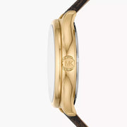 Michael Kors Benning Three Hand Gold Dial Brown Leather Strap Watch For Men - MK8931