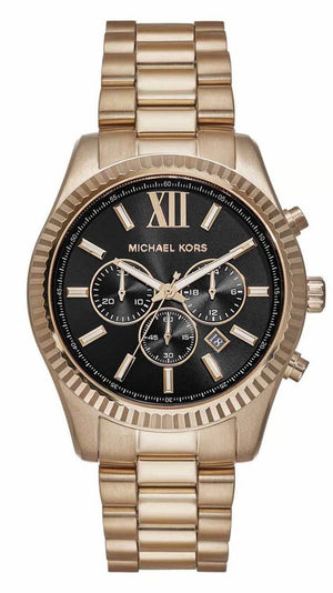 Michael Kors Lexington Chronograph Black Dial Gold Steel Strap Watch for Men - MK9155