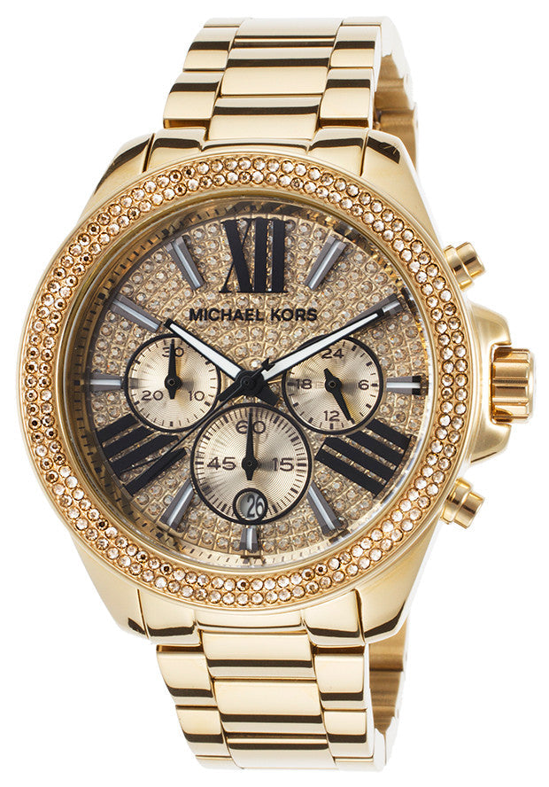 Michael Kors Wren Chronograph Crystal Pave Gold Dial Gold Steel Strap Watch for Women - MK6095