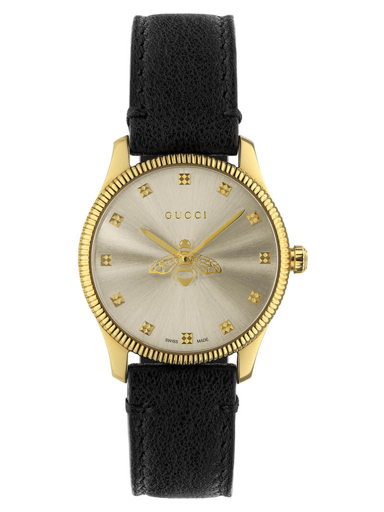 Gucci G Timeless Quartz Silver Dial Black Leather Strap Watch For