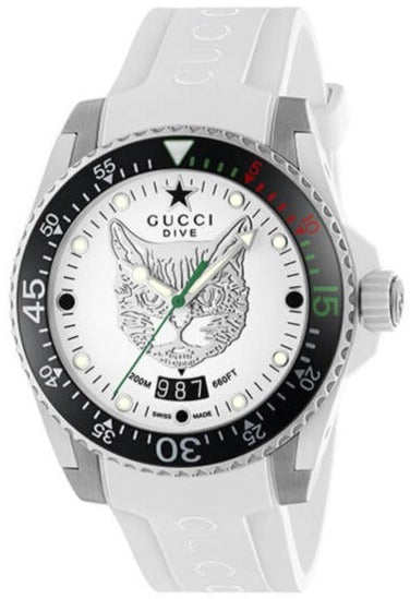 Gucci Dive Tiger White Dial White Rubber Strap Watch For Men