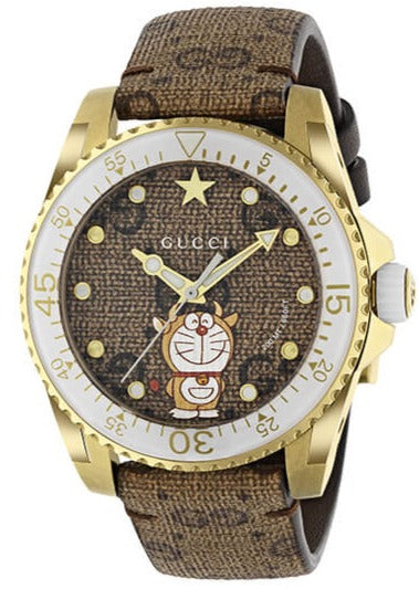 Gucci Dive Doraemon Brown Dial Brown Leather Strap Watch For Men