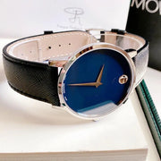 Movado Museum Classic Blue Dial Black Leather Strap Watch for Men - 0607197