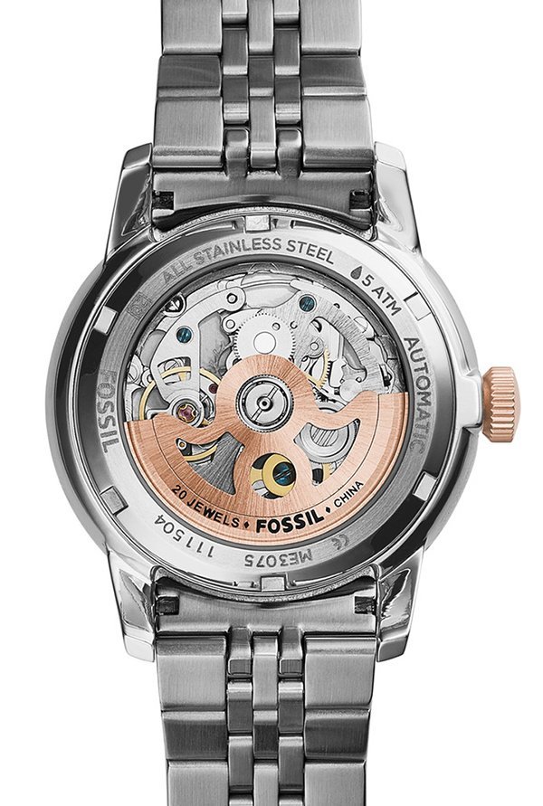 Fossil Townsman Automatic Skeleton White Dial Two Tone Steel Strap Watch for Men - ME3075