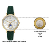 Fossil Jacqueline Multifunction Moonphase Mother of Pearl White Dial Green Leather Strap Watch for Women - ES5244