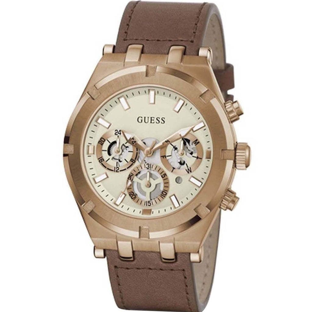 Multifunction Guess Brown Analog Leather White Dial Strap for Watch Men