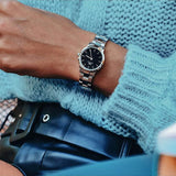 Daniel Wellington Iconic Link Black Dial Silver Steel Strap Watch For Women - DW00100208