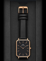 Daniel Wellington Quadro Black Dial Black Leather Strap Watch For Women  - DW00100449