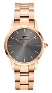 Daniel Wellington Iconic Link Grey Dial Rose Gold Steel Strap Watch For Women - DW00100336