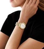 Michael Kors Sage Three-Hand Mother of Pearl White Dial Gold Steel Strap Watch for Women - MK4805