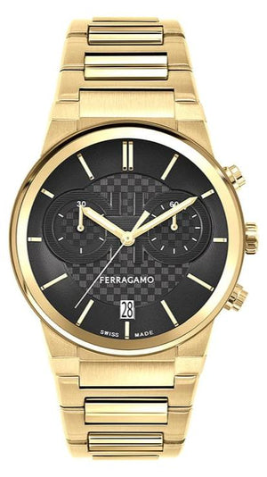 Salvatore Ferragamo Sapphire Chrono Black Dial Gold Steel Strap Watch for Men - SFME01323