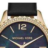 Michael Kors Layton Three Hand Mother of Pearl Black Dial Black Leather Strap Watch For Women - MK2911