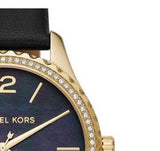 Michael Kors Layton Three Hand Mother of Pearl Black Dial Black Leather Strap Watch For Women - MK2911