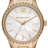 Michael Kors Layton Three Hand Mother of Pearl White Dial Gold Steel Strap Watch For Women - MK6870