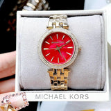 Michael Kors Darci Quartz Mother of Pearl Red Dial Gold Steel Strap Watch For Women - MK3583