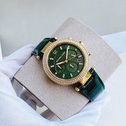 Michael Kors Parker Chronograph Green Dial Green Leather Strap Watch For Women - MK6985